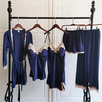 

Spring Autumn 5PCS Pajamas Robe Set Sexy Women V-neck Lace Sleepwear Casual Soft Kimono Bath Gown Nightwear Silky Satin Homewear
