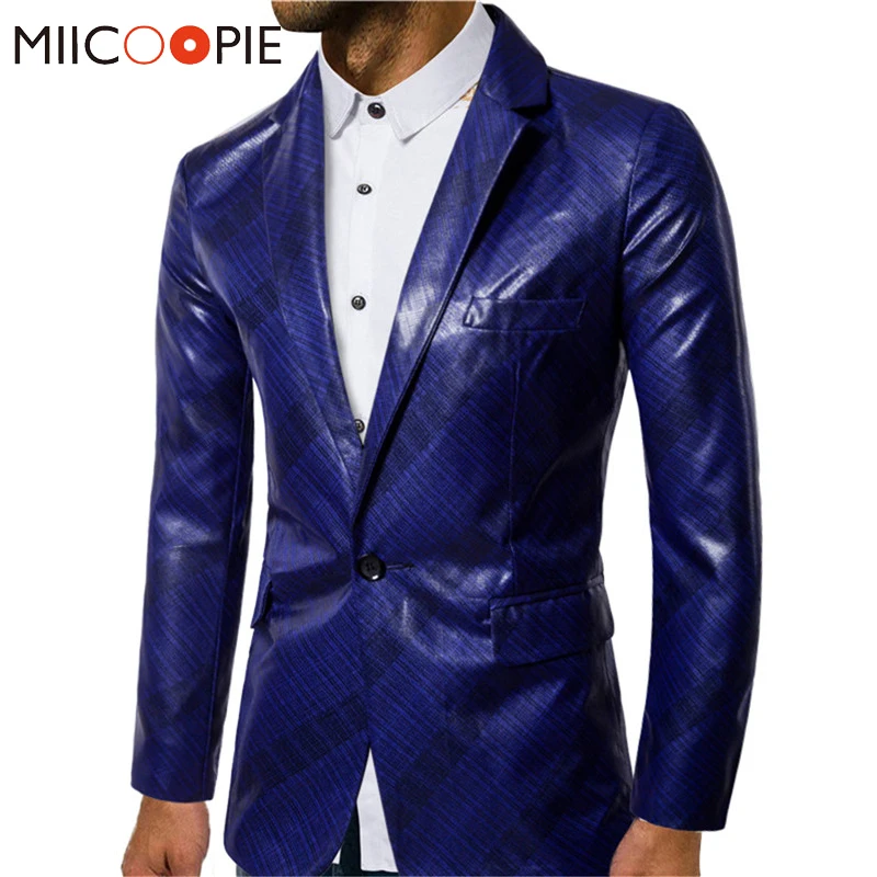 Брендовая кожаная куртка яркого цвета для мужчин, модный полосатый пиджак на одной пуговице, Cuir Homme, высококачественный приталенный Блейзер из искусственной кожи