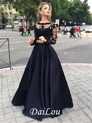 A-Line Two Pieces Long Sleeves Appliques Bateau Neck Zipper-Up Lace Black Evening Dress 2022