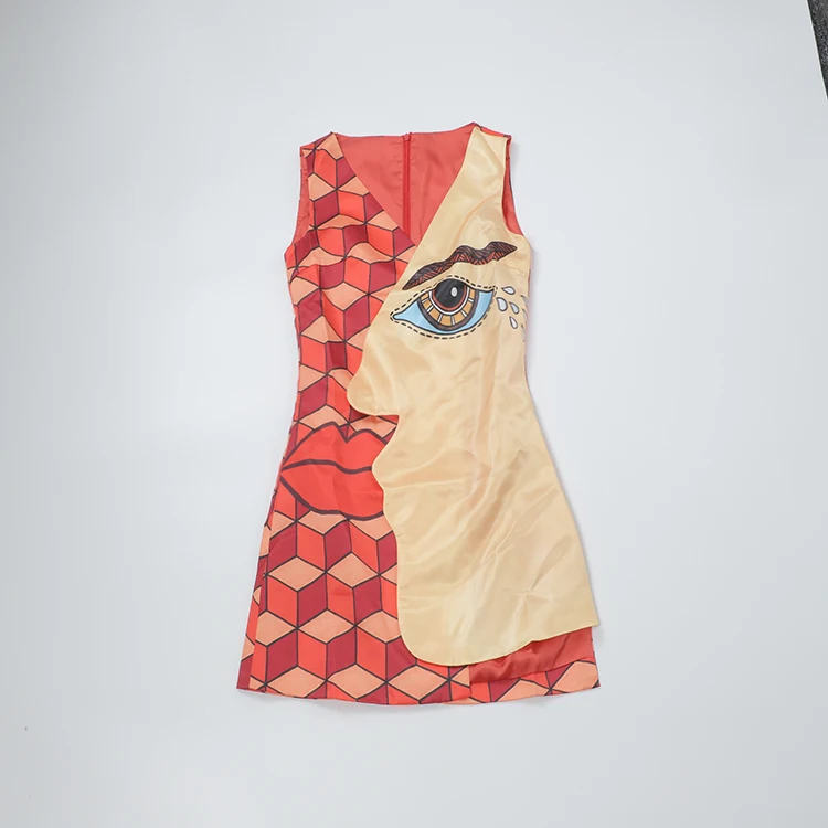 AELESEEN осень подиум половина лица печати High Street Танк Нерегулярные платья для женщин Роскошные сплайсированные процесс Асимметричное мини платье