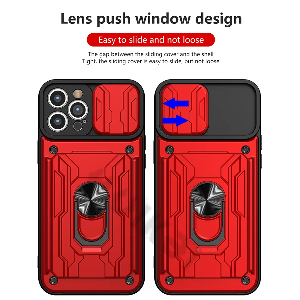 For iPhone 13 12 11 Pro Max Case Slide Stand Kickstand Ring Camera Military Grade Card Slot SE 2020 XR XS Max X XS 8 Plus Cover