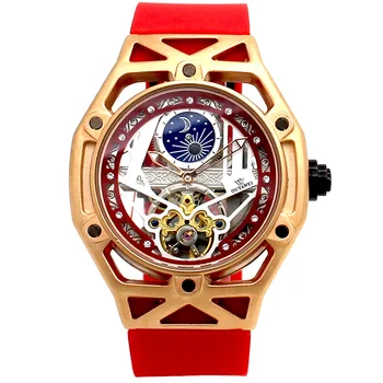 

aaawatchMen's fashion tourbillon skeletonized mechanical watch. Rubber watch strap. Sun Moon Star Table.