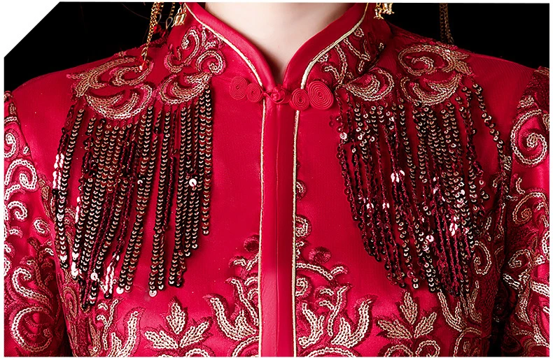 Красное китайское свадебное платье Cheongsam с цветочным узором, традиционное Стильное женское Сетчатое вечернее платье с блестками, длинное платье Qipao, одежда S-4XL