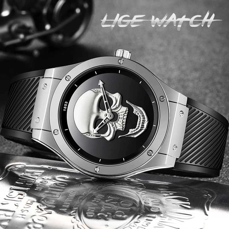 LIGE Mens Watches New Skull Watch Men's Military Sports Watch Men Waterproof Stainless Steel Gold Q