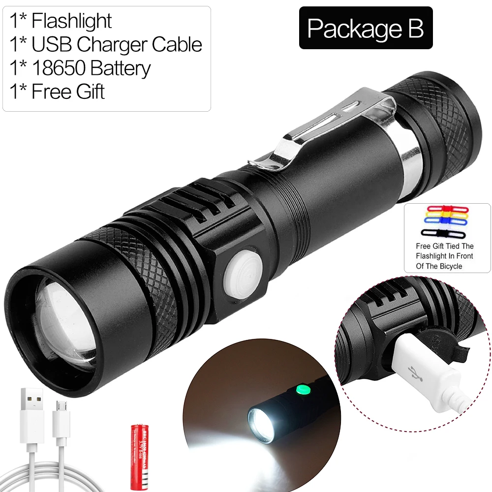 Package B XHP70 светодиодный фонарик USB Перезаряжаемый XHP50 светодиодный фонарь масштабируемый фонарик тактический фонарь с аккумулятором 18650 26650 - Испускаемый цвет: Package B