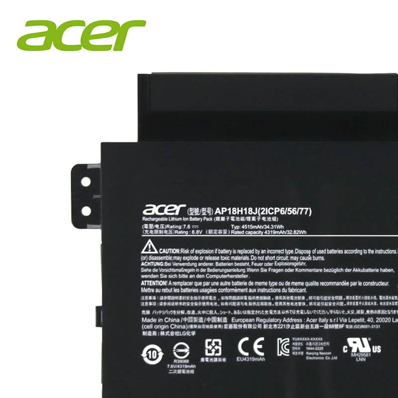 Аккумулятор для ноутбука acer AP18H18J 7,6 V 34.31Wh 4515mAh