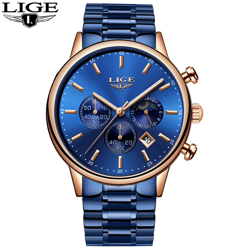 LIGE Moon Phase дизайн синие модные деловые мужские часы, наручные часы Топ бренд класса люкс все стальные Кварцевые Золотые часы Relogio Masculino