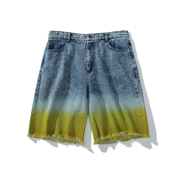 

Gradient Color Block Washed Mens Jeans Shorts Harajuku Ripped Frayed Straight Knee Lenght Pants Streetwear Loose Denim Shorts