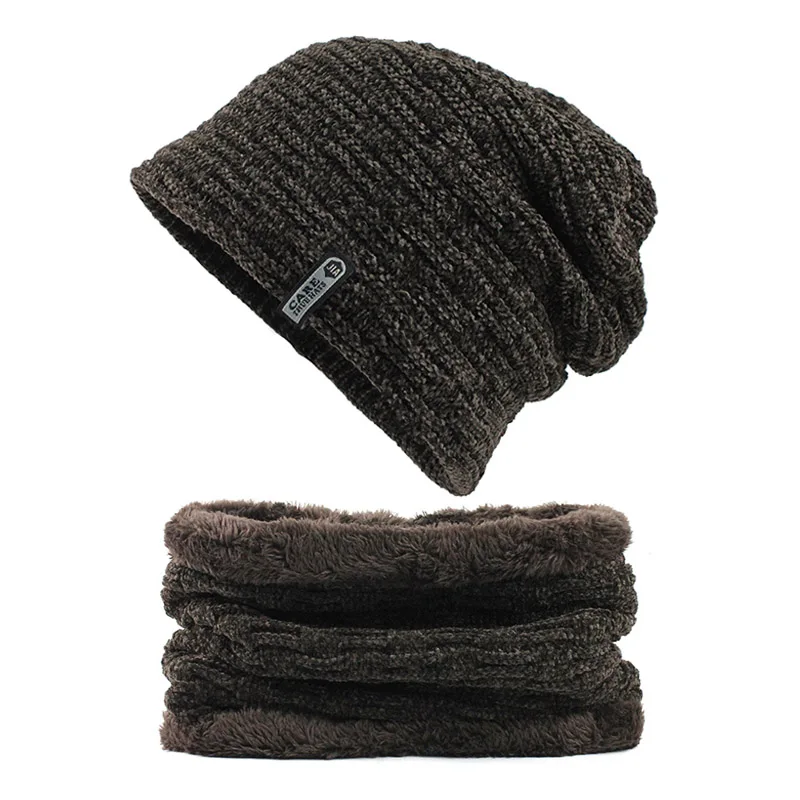 [FLB] Зимние шапки для мужчин Skullies, шапка бини, зимняя шапка для мужчин и женщин, шерстяной шарф, шапка, набор s, Балаклава, шапка, вязаная, HatF18081 - Color: Brown Set