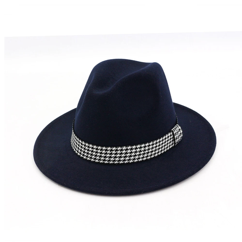 Dark Blue Классическая мужская и женская шерстяная шляпа Fedora с тканевым поясом широкая шляпа Поп-джаз церковная чародейная шляпа размер 56-58 см - Цвет: Dark Blue
