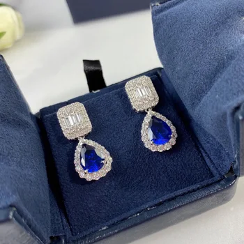 

2020 High Fashion 925 Sterling Silver Dangle Blue Earrings Luxury Fine Jewelry For Women Tassels Earrings Hand Inlay Top Zircon