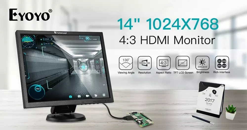 

EYOYO EM14A 14" TV Computer Monitor 1024x768 LCD Screen With BNC HDMI VGA AV Display For CCTV Security Camera raspberry pi 12V