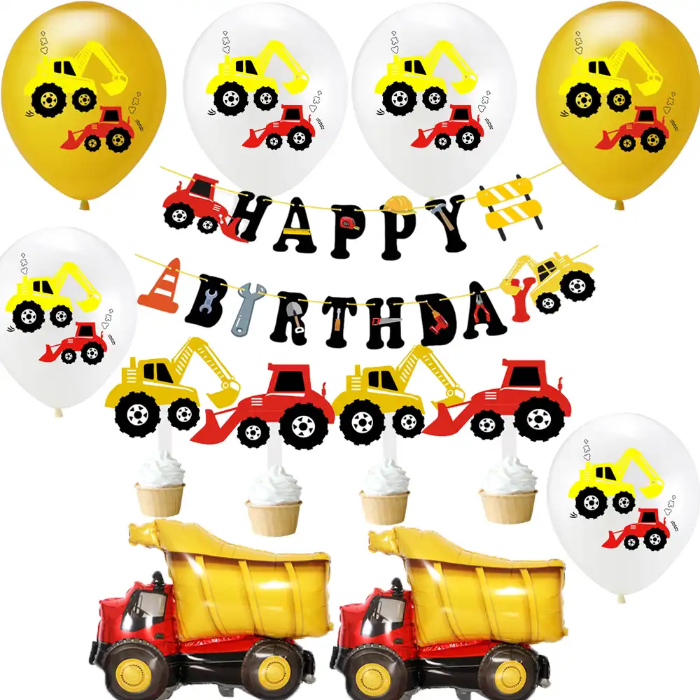 Construction Excavator Vehicle Latex Air Balloon Globos Banner