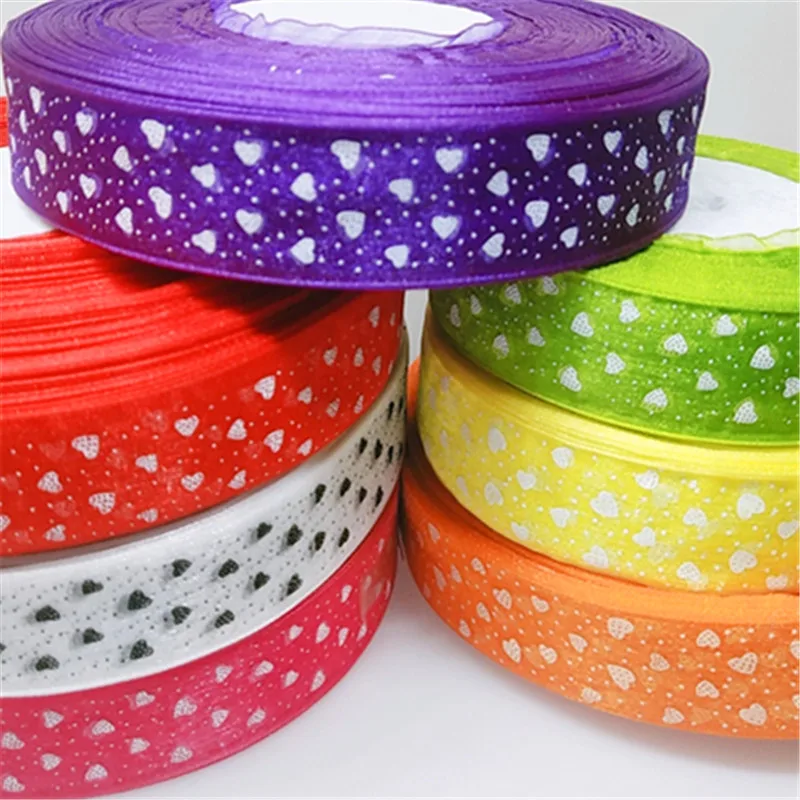 

suoja 5/10yards 25mm Heart Dot Printed Organza Lace Ribbon DIY Sewing Hairbows Gift Wrapping Christmas Garment Ribbon Accessory