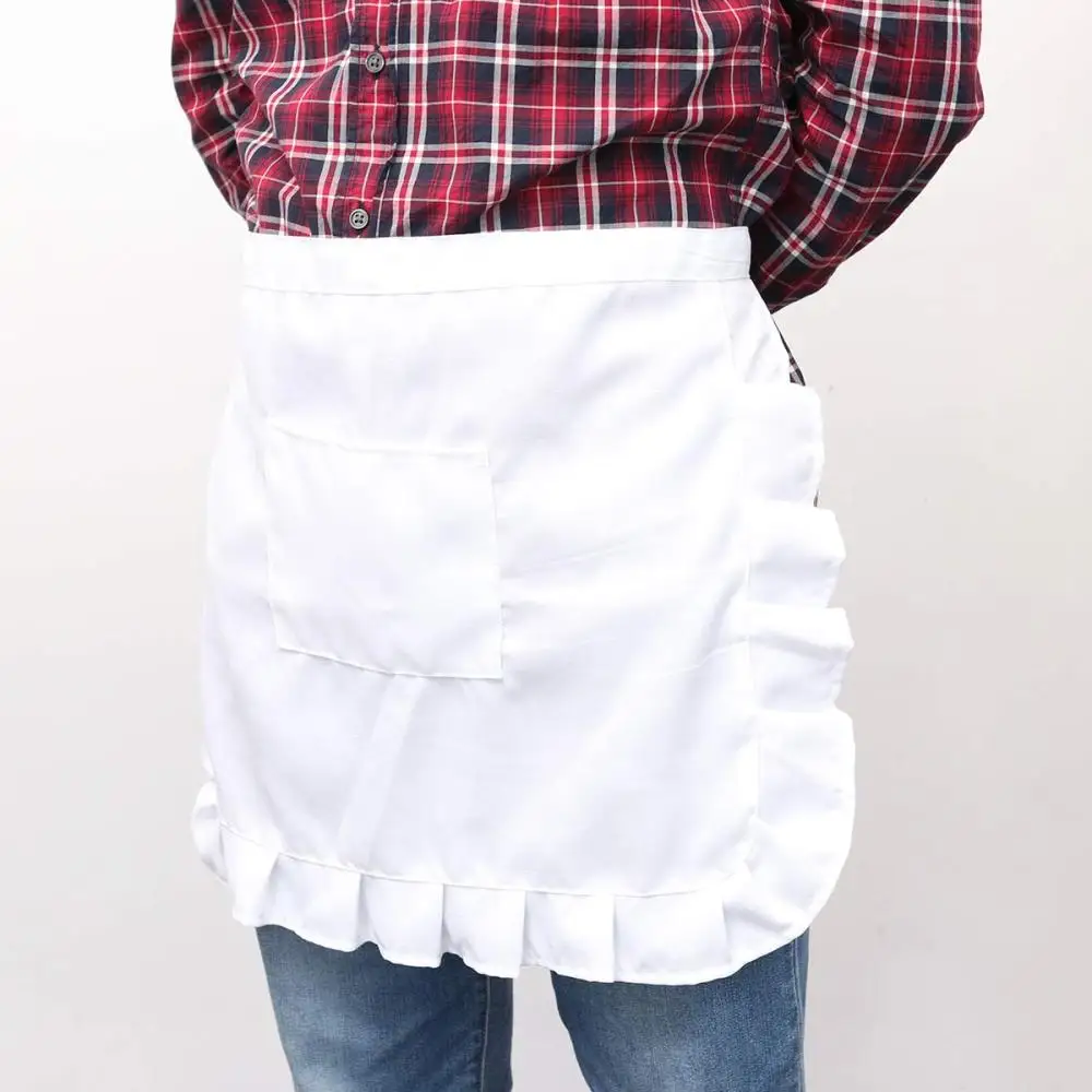 Cute Floral Short Waist Kitchen Apron Lace Half Waist Bib Maid Costume with Pocket Kitchen Party Favors for Women Waitress (Whit