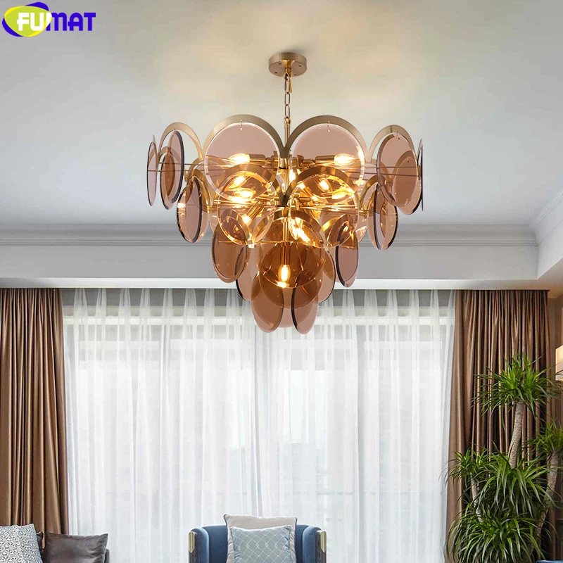 

FUMAT Crystal K9 Gray Amber Glass Pendant Lamp LED E14 Modern Luxury Plating Gold Chandelier House Decor Hanging Light Fixture