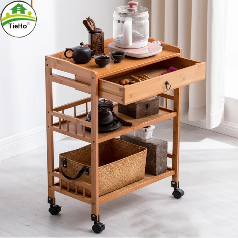 TieHo 3 Tier Bamboo Shelf Serving Table with Wheels Drawer Kitchen Storage Cart Bar Cart Chinese Wine Tea Island Trolley