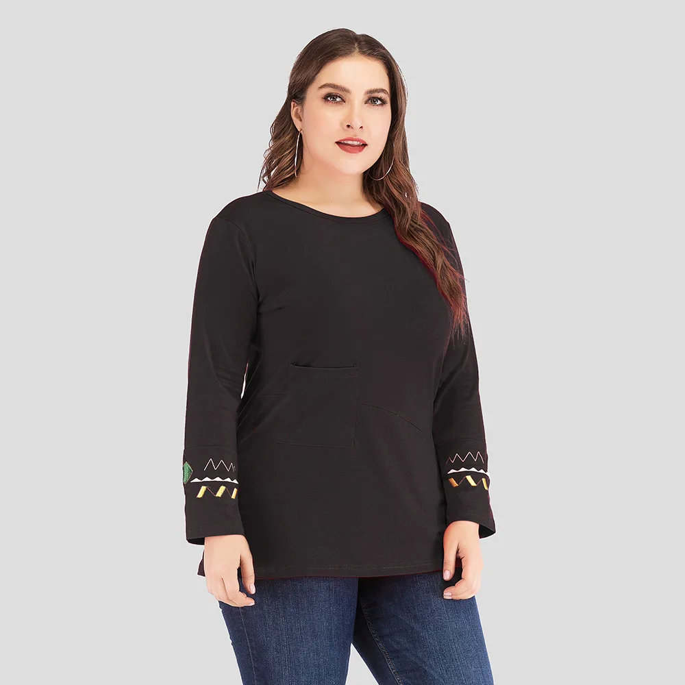 

Autumn Winter Blouse Plus Size 5XL Women O Neck Embroidery Long Sleeve Solid Casual Blouse Black Red Ladies Tunic Tops
