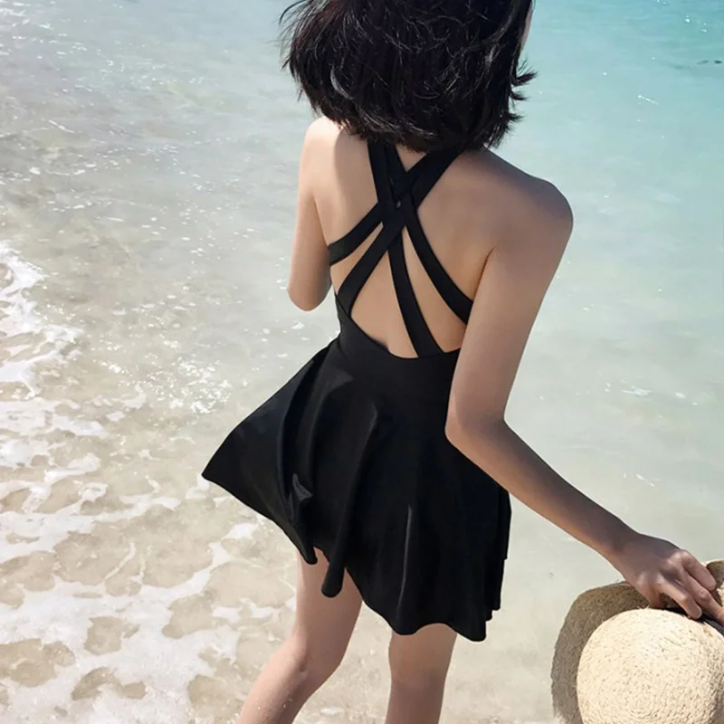 Юбка купальник цельная костюмная юбка купальник женский черный купальный костюм с высоким воротом купальник пляжная одежда однотонная
