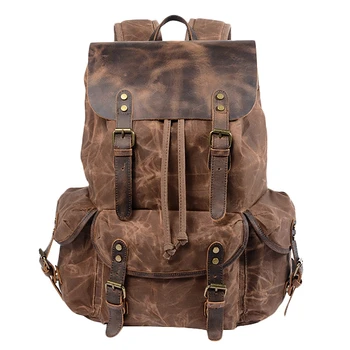 

FGGS-Multifunction Casual Canvas Backpacks Vintage Waterproof Large Capacity Travel Bag Women Leather Laptop Rucksack