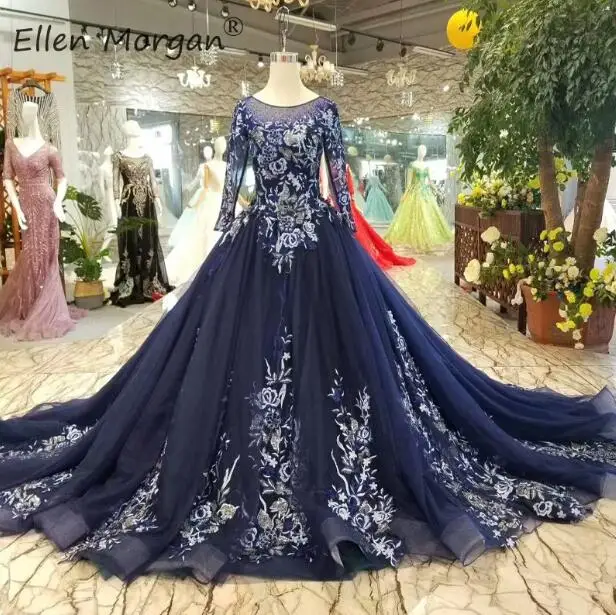 Color as picture Темно-синие Винтаж Вечерние платья Элегантный одежда с длинным рукавом, с кружевными аппликациями, кристаллы из тюля с длинным шлейфом события Бальные платья для женщин - Цвет: Color as picture