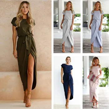 

Sexy Split Side Solid O Neck Short Sleeve Sashes Asymmetrical Plus Size Dresses Elegant Maxi Long Party Dress 8 Colors Vestidos