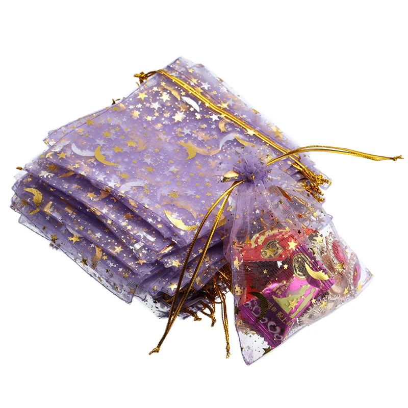 

100pcs/set 9x12cm Moon Star Organza Bags Christmas Drawstring Jewelry Packaging Bags Wedding Party Gift Pouches Bag