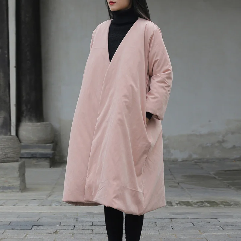 Johnature Women Chinese Style Parkas Solid Color Long Sleeve Winter New V-Neck Button Loose Women Cloths Vintage Parkas