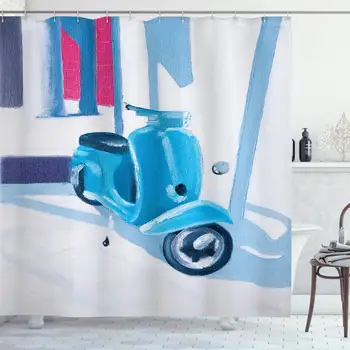 

Country Shower Curtain, Mini Scooter in Soft Mediterranean Mid Day Italian Town Life Art Paint Print, Cloth Fabric Bathroom