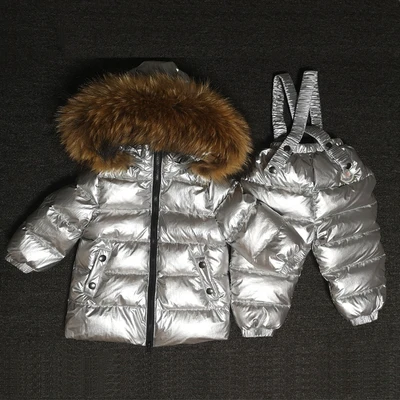 Зимняя одежда для мальчиков и девочек комплект одежды для детей, лыжный костюм детский комбинезон, теплые пальто куртка с капюшоном из натурального меха на утином пуху комбинезон - Цвет: Прозрачный