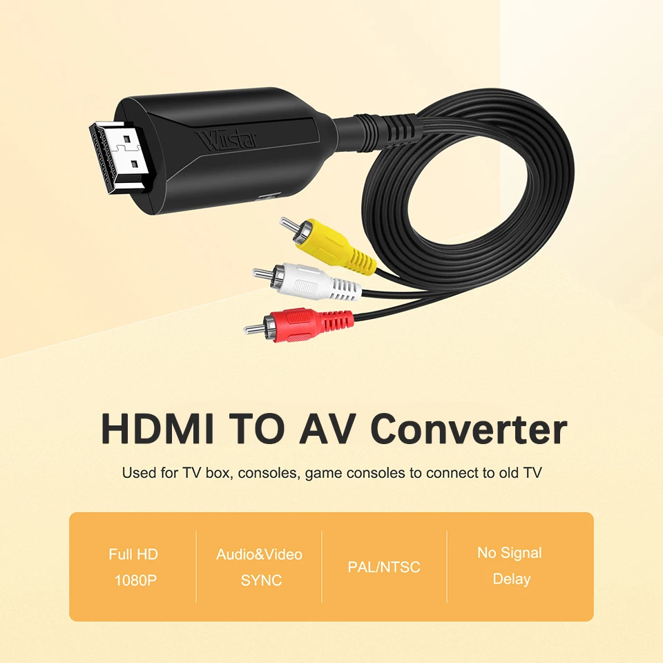 Convertidor de vídeo a RCA AV adaptador de vídeo HD HDMI a RCA AV L/R Video 1080P HDMI2AV soporte NTSC PAL nueva llegada 70CM/1M|Transmisión y cables| -