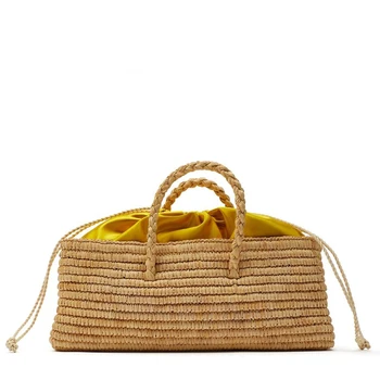 

Beach Bag Drawstring Straw Woven Handbag Shoulder Bag Summer Vacation Bag for Women Large Capacity Natural Color Raffia Handbag