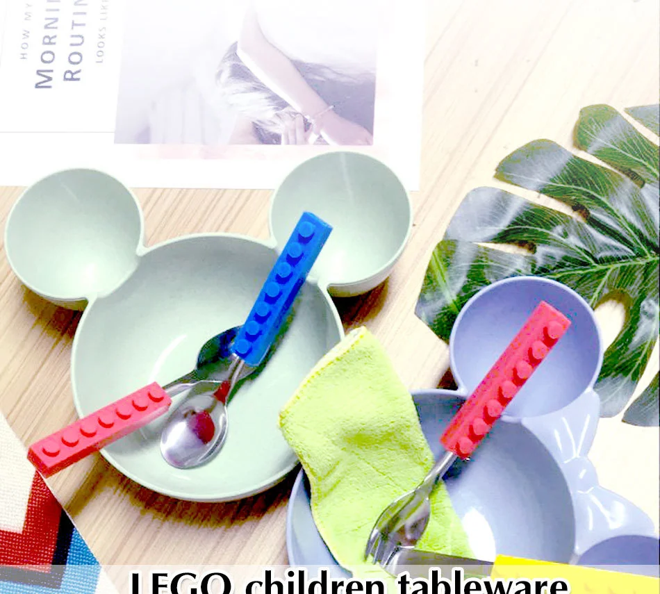Creative Lego Bricks Portable Silicone Stainless Steel Tableware Set Travel Kids Adult Cutlery Fork Picnic Set Gift Dinnerware (1)