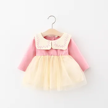 

Baby Newborn Girl Autumn Long Sleeve Ball Gown Dress Embroidery 2020 New Baby Girls Solid Mesh Patchwork Cute Princess Dresses