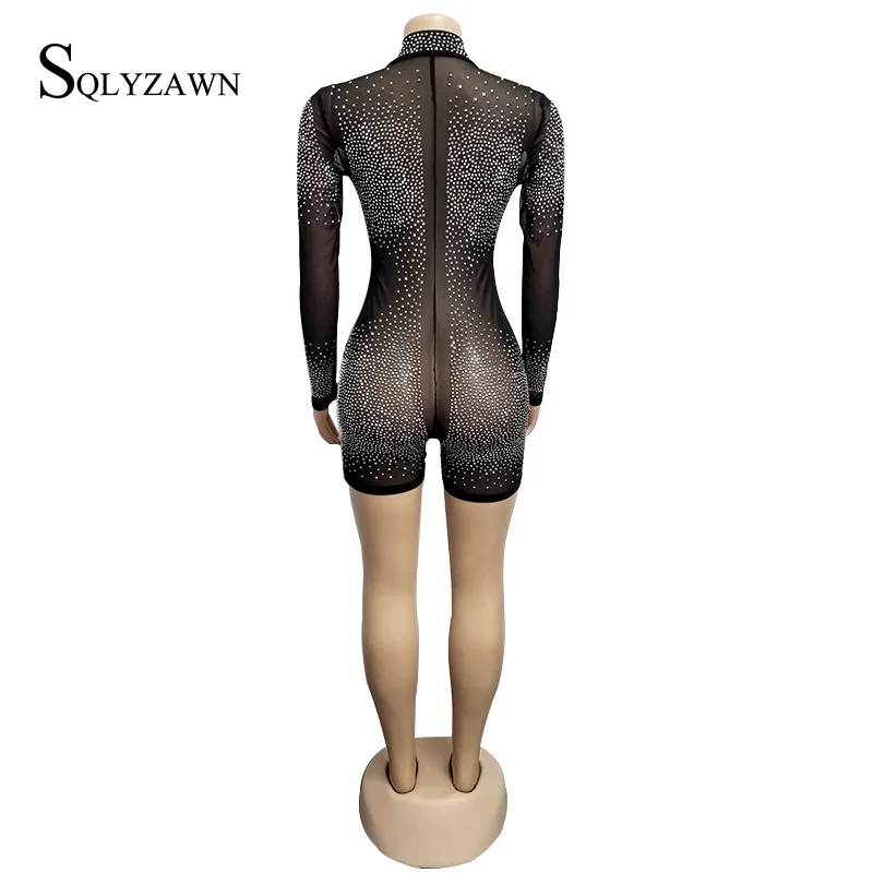2020 Long Sleeve Night ClubSexy Women Mesh Glitter Rhinestones Playsuit  Short Pants Summer Transparent Zipper Jumpsuit Romper