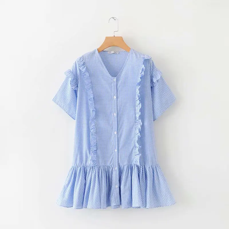 

Western Style 2019 Summer New Style Slim Fit Slimming Fresh Flounced Plaid V-neck Short-sleeve Dress Short Skirt Women's