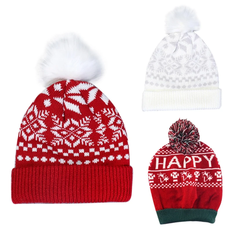 

Women Christmas Snowflake Winter Knitted Beanie Hat Cute Fluffy Pompom Stretch Cuffed Skull Cap Holiday Ski Ear Warmer