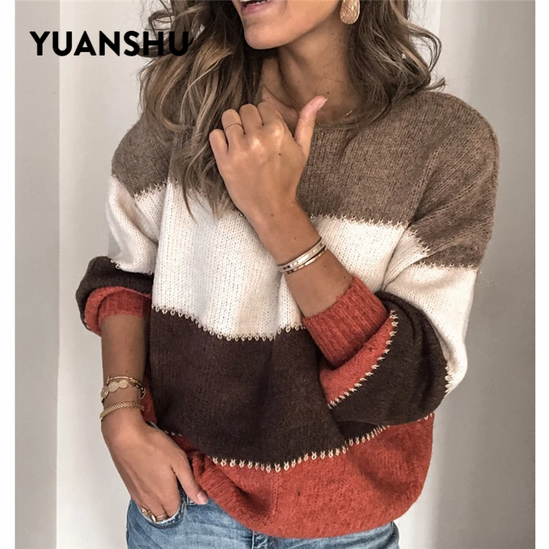 Tanie YUANSHU patchworkowy w stylu casual seksowna dzianina sweter kobiety wiosna jesień luźne paski topy Jumper biurowa, damska sweter oversize