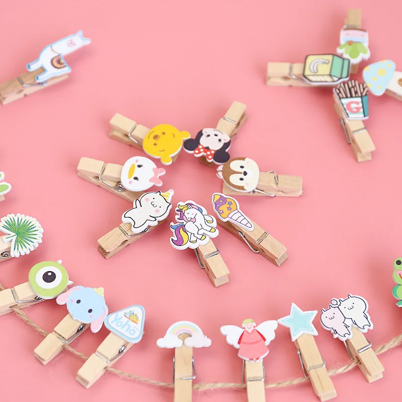 

8/10 Pcs Kawaii Cartoon Mini Natural Wooden Clips For Photo Clips Clothespin DIY Craft Decoration Clips With 75cm hemp Rope