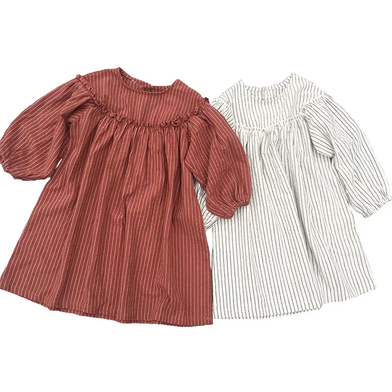 

Girls Summer Loose Dress Button Decoration Toddler Kids Baby Girls Lovely Birthday Clothes Vertical Stripes Ruffles Casual Style