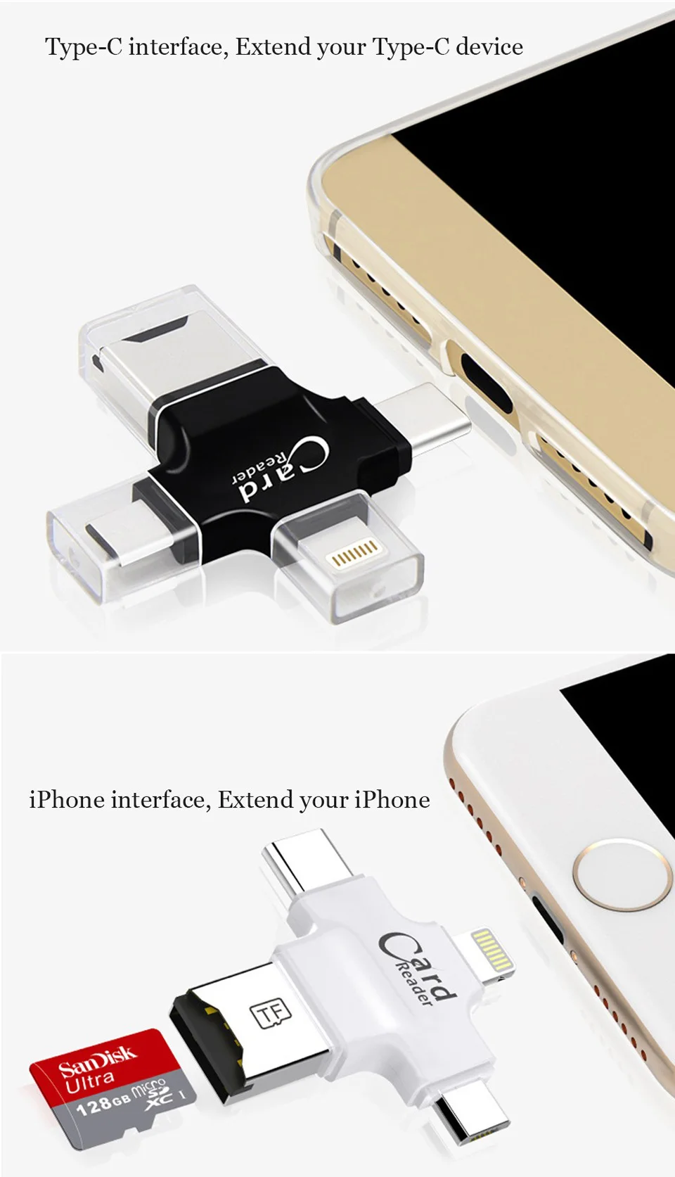 4 в 1 кард-ридер Тип C Micro USB адаптер Micro SD кард-ридер для iPhone/iPad Smart OTG-белый цвет