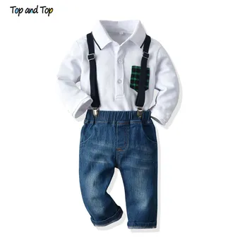 

Top and Top Spring&Autumn Kids Baby Boys Casual Clothes Set Cotton Long Sleeve Shirt Tops+Suspender Jeans Gentleman Suit