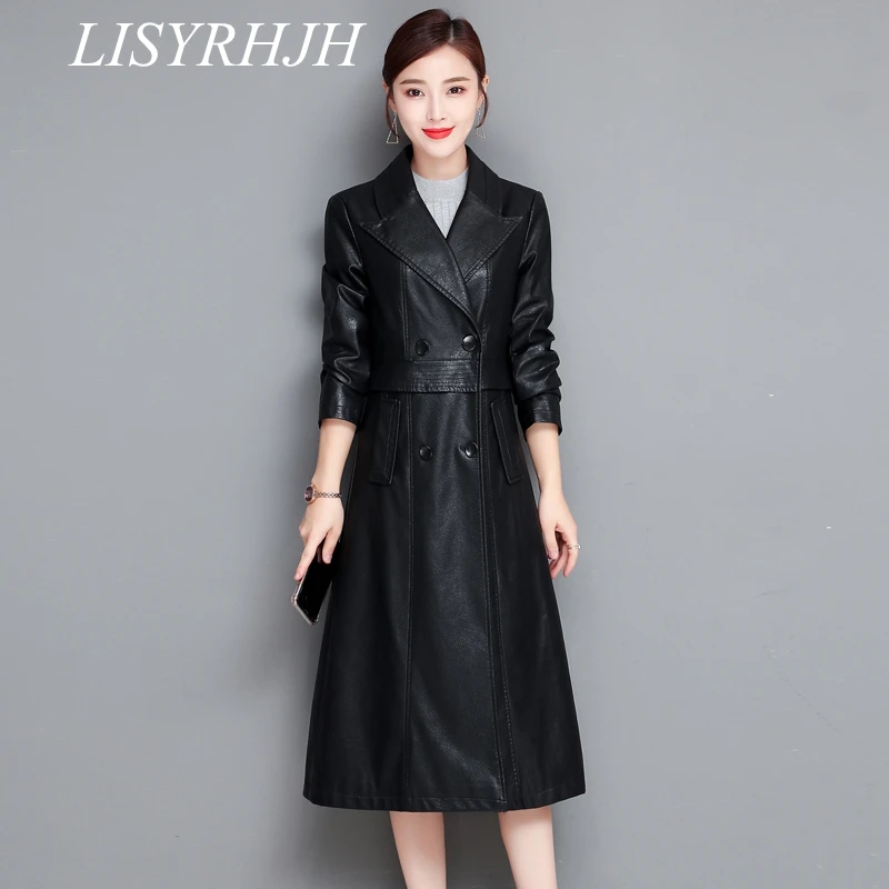 LISYRHJH, новинка, осенне-зимнее длинное пальто из искусственной кожи, мягкая тонкая черная кожаная куртка, Женское пальто размера плюс 4XL, Тренч, парка