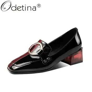 

Odetina Women Fashion Square Toe Buckle Strap Retro Casual Shoes Ladies New Block Chunky Heel Slip On Cow Leather Loafers Shoes