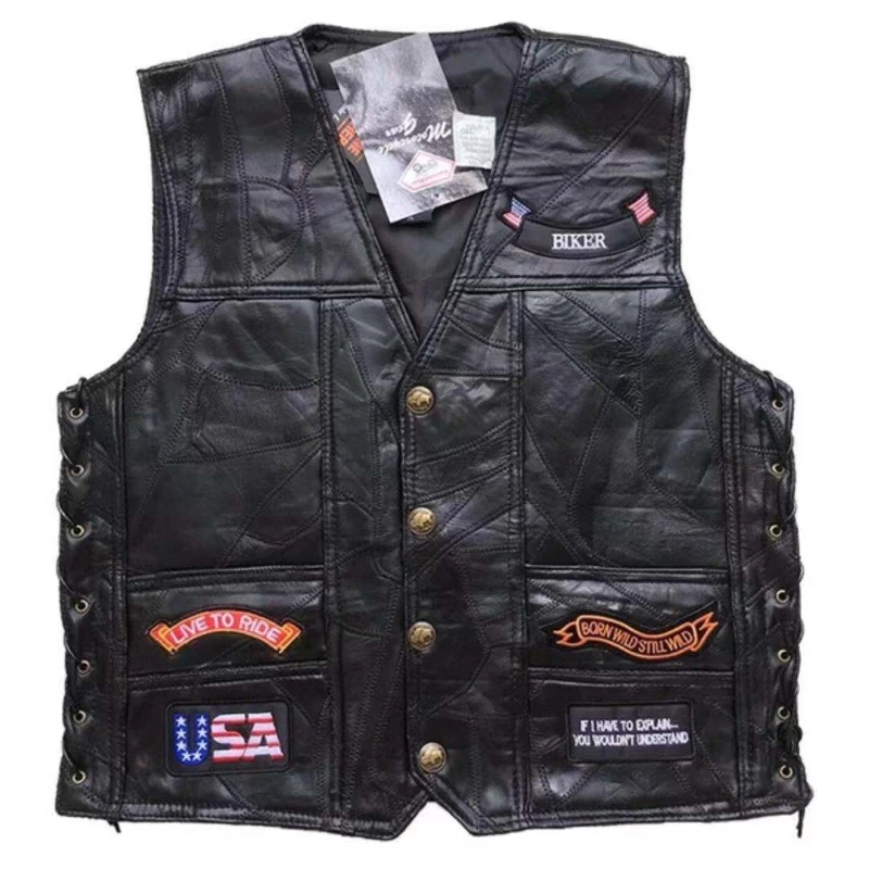 Motocycle Vest Men's Stitching Sheepskin Leather Waistcoat with Embroidered Badge Motocross Equipment Motocycle Jacket VL004