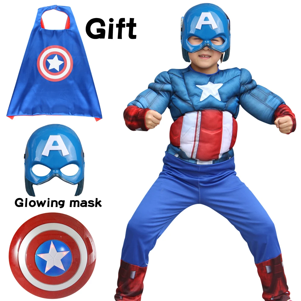 Najtaniej Boże narodzenie karnawał Superhero dzieci mięśni kombinezony maska cape tarcza kapitan ameryka maska Cosplay kostiumy dla chłopców dziewcząt sukienka