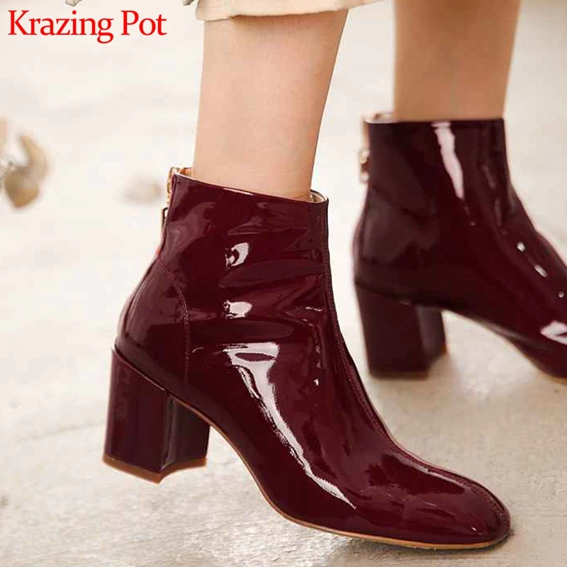 

krazing pot 2020 patent genuine leather round toe high heels preppy style front zipper french romance winter Chelsea boots L80