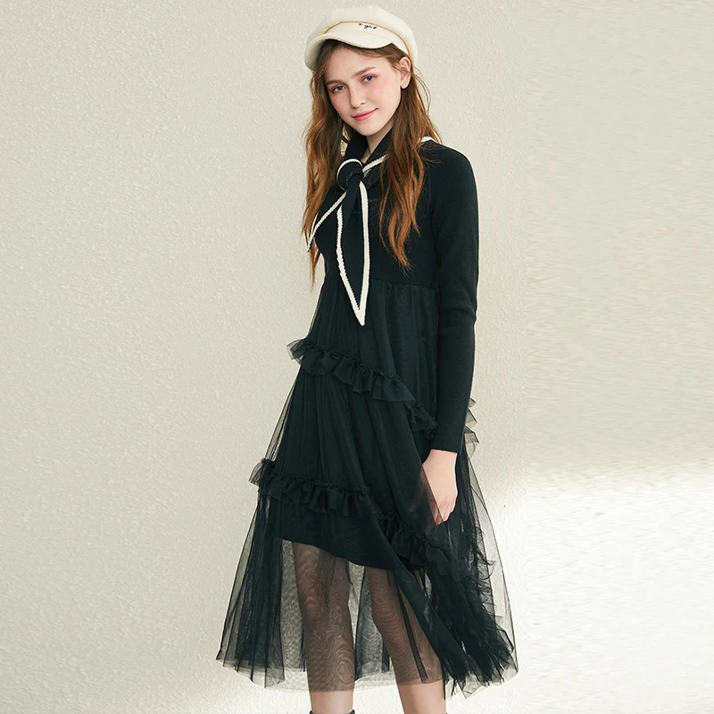 

ARTKA 2020 Autumn Winter New Women Dress Elegant Mesh Patchwork Knitted Sweater Dresses Long Sleeve Soft Knitted Dress LB10292D