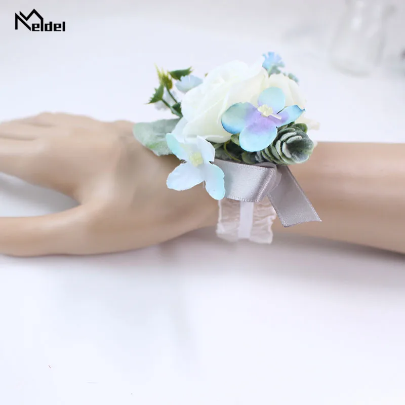 

Meldel Silk Ribbon Corsage Bracelet Flowers Rose Boutonniere Men Wedding Corsages Pin Wedding Planner Marriage Corsage Brooches