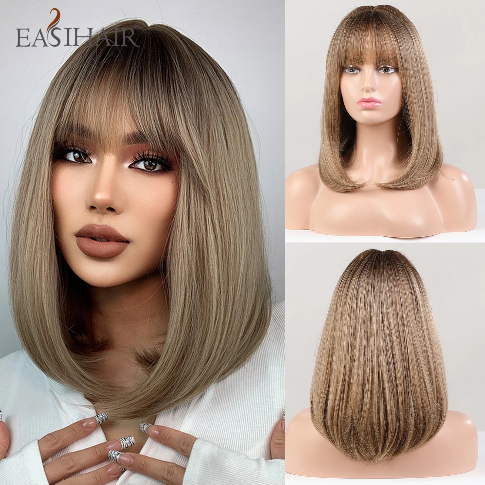 EASIHAIR Wig Bob Panjang Bahu untuk Wanita Rambut Sintetis Wig Pirang  Coklat dengan Poni Rapi Wig Cosplay Wig Tahan Panas| | - AliExpress